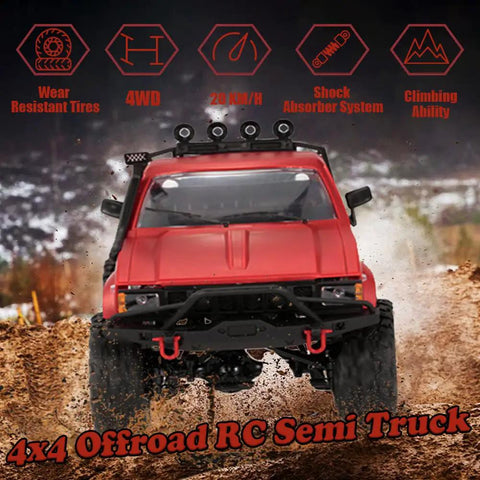Rugged 1/16 Scale RC Crawler Off Road Truck 4x4 With LED Lights front view on muddy terrain