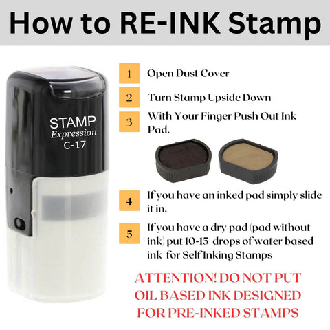 How to RE-INK Self Inking Rubber Stamp With Straight Up Bold Black Ink And Badass Clear Clock Face Design instructions graphic.
