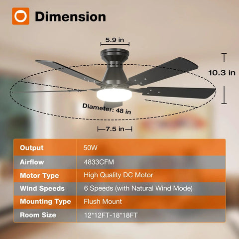 Diagram showing dimensions and specifications of Two Pack 48 Inch Black Ceiling Fans With Lights And Remote Control