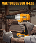 Worker using 1/2 Inch Cordless Brushless Impact Wrench Kit 300 Ft-Lbs Max Torque 3000 RPM 20V Power on metal structure