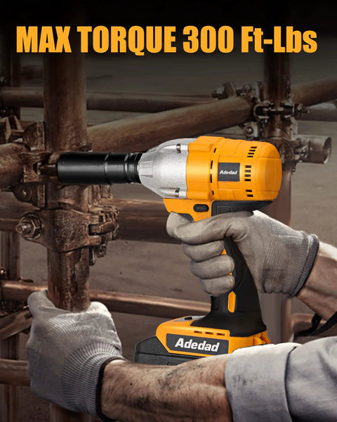 Worker using 1/2 Inch Cordless Brushless Impact Wrench Kit 300 Ft-Lbs Max Torque 3000 RPM 20V Power on metal structure