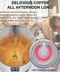 Diagram of Big Crowd Ready Commercial Coffee Urn 100 Cup Brewer with 120W keep-warming element, shown in a cafe setting.