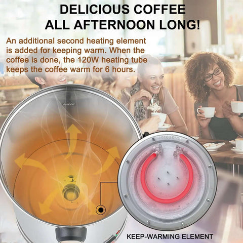 Diagram of Big Crowd Ready Commercial Coffee Urn 100 Cup Brewer with 120W keep-warming element, shown in a cafe setting.