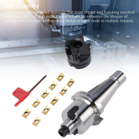 Essential CNC Milling Gear Kit Featuring NT40 FMB22 High Speed Face End Mill Holder With Indexable Cutter And Ten Pieces Of APMT1604 Carbide Inserts For Precision Machining And Horizontal Boring Operations showing NT40 FMB22 holder and indexable inserts.