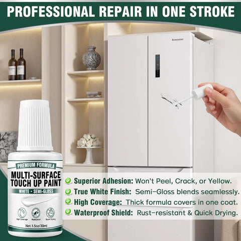 Person using All Surface White Touch Up Paint Pen on white enamel appliance for quick dry waterproof finish, 1.5 oz size.
