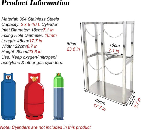 Heavy Duty 304 Stainless Steel Gas Cylinder Rack for 8-10 L Tanks with dimensions and diagram