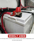 Heavy Duty MRBF Terminal Fuse Block, 300 Amp 58 Volt DC Single Stud Battery Fuse Kit mounted on a battery with red cables.