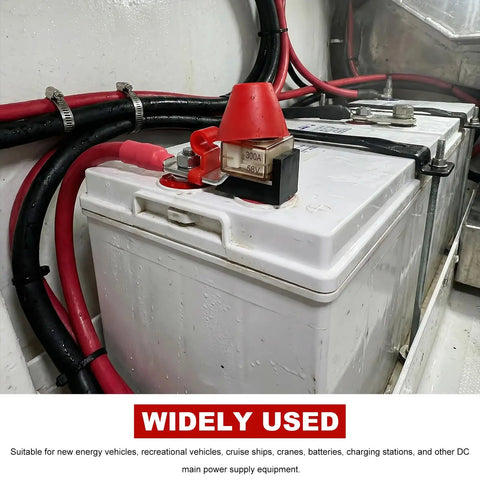 Heavy Duty MRBF Terminal Fuse Block, 300 Amp 58 Volt DC Single Stud Battery Fuse Kit mounted on a battery with red cables.