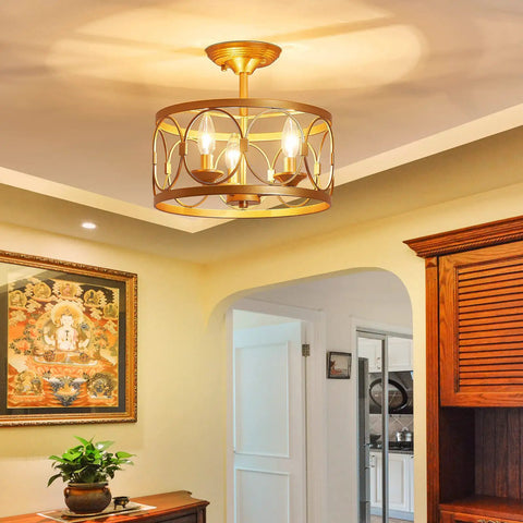 3 Light Farmhouse Semi Flush Mount Ceiling Light With Gold Finish in living room, rustic modern fixture, 12.6 inch diameter, 11.4 inch height