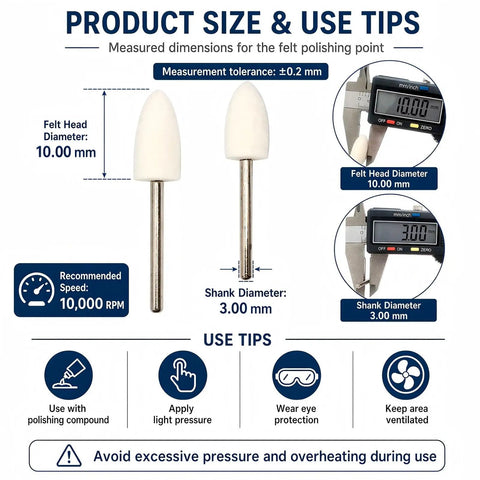 Product size and use tips for Professional Grade Wool Felt Buffing Wheel Polishing Kit Aluminum Prep Bits for 1/8 Shank tools.