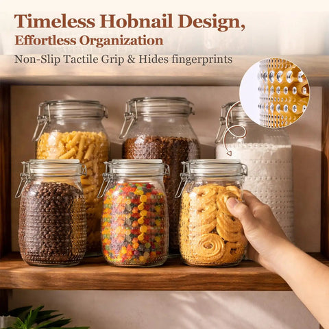 Glass Canister Set 34 Oz Each, 3 Pack Clear Jars For Coffee Bar Countertop, showing jars with pasta, candy, cookies.