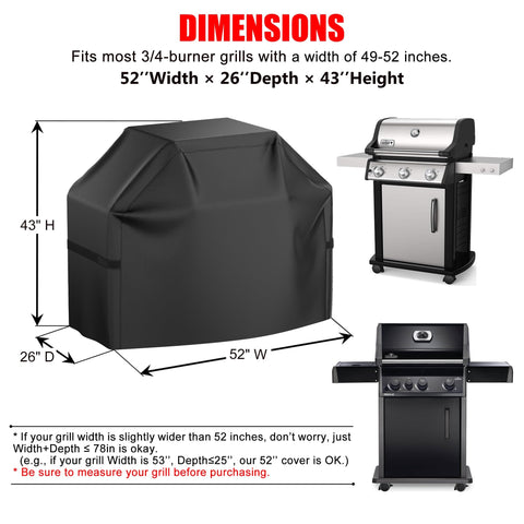 52 Inch Heavy Duty Grill Cover For Outdoor BBQ Gas Grills, Waterproof, protecting a gas grill, dimensions for fitting shown