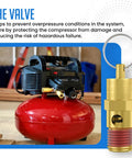 Front view of two brass 1/4" NPT air compressor pressure relief valves (175 PSI) for tank pop-off