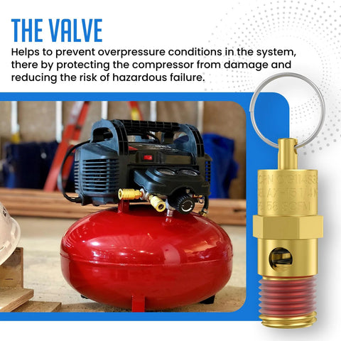 Front view of two brass 1/4" NPT air compressor pressure relief valves (175 PSI) for tank pop-off