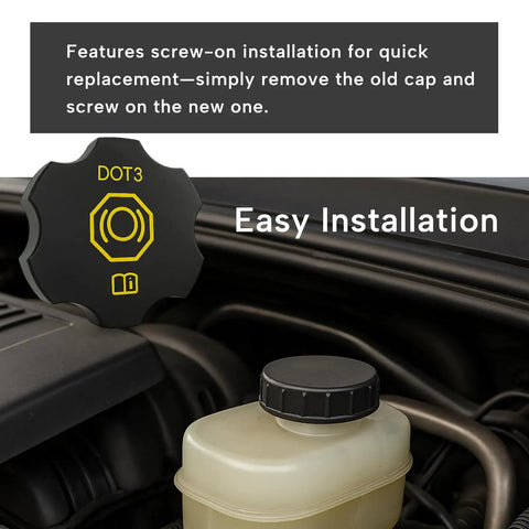 Must Have DOT3 Brake Fluid Cap Replacement For Cadillac Escalade Suburban Tahoe Silverado Volt Colorado Corvette GMC Yukon Sierra Acadia Canyon Buick Enclave Lucerne Master Cylinder Reservoir Cap shown with easy installation feature