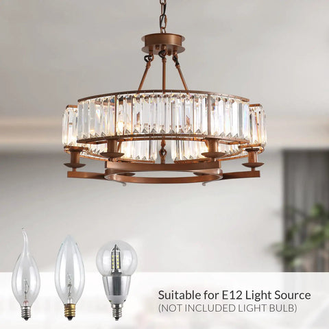 Rustic glam 26-inch diameter six light vintage round crystal chandelier with farmhouse wagon wheel vibe flush mount ceiling light