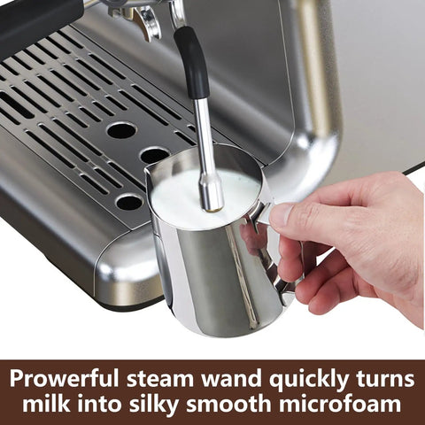 Heavy Hitter Espresso Machine With Built In Burr Grinder And Swift Milk Frother, 95 Oz Big Tank steam wand frothing milk into microfoam.
