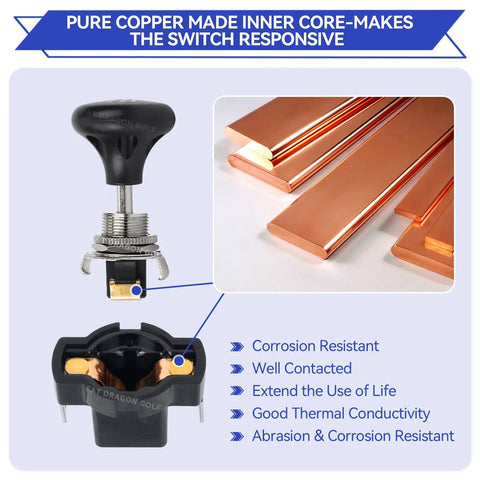 Universal 12 Volt Golf Cart Light Switch Push Pull Headlight Button Replacement showing copper core components