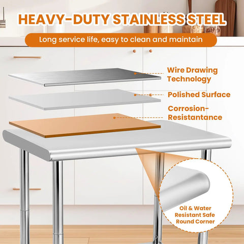 Illustration of Mobile 30 By 24 Inch NSF Stainless Steel Workbench with round corners and layer details, in a kitchen setting.