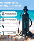 Mini Scuba Tank 1.9L Portable Lung Tank For Adult Divers with valve on beach rock, showing safety features and pressure gauge.