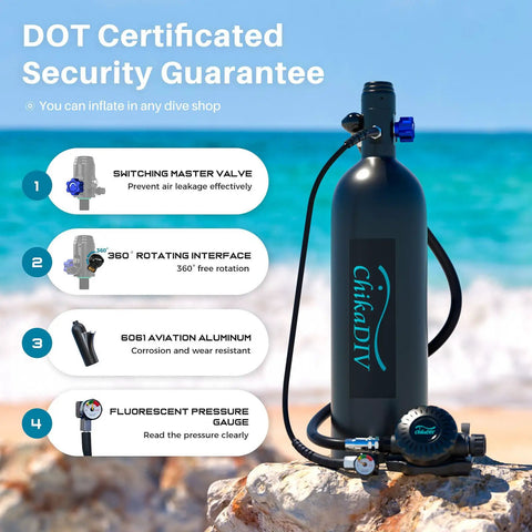 Mini Scuba Tank 1.9L Portable Lung Tank For Adult Divers with valve on beach rock, showing safety features and pressure gauge.