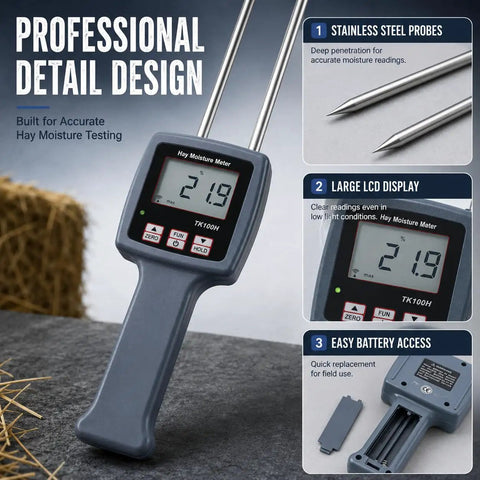 Portable Hay Moisture Meter With Probe Quick Accurate Digital Readout Today For Farms Keeps Hay In Check To Prevent Mold Spoilage And Quality Degradation, front view