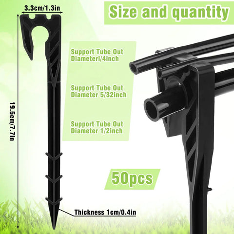 50 Pack 8 Inch Hose Hold-Down Anchor Stakes For 1/2 Inch, 1/4 Inch, And 5/32 Inch Drip Tubing showing size, diameter, and quantity