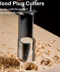 Wood Plug Cutter in use extracting a wood disc, showcasing the Badass Eight Piece Wood Plug Cutter Drill Bit Set Forged From Rock Solid High Carbon Steel With Killer Edge Retention For Slick Taper Cuts And Super Tight Finishes.