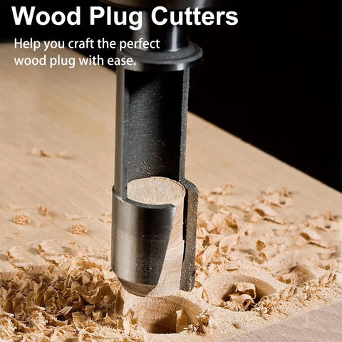 Wood Plug Cutter in use extracting a wood disc, showcasing the Badass Eight Piece Wood Plug Cutter Drill Bit Set Forged From Rock Solid High Carbon Steel With Killer Edge Retention For Slick Taper Cuts And Super Tight Finishes.