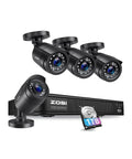 All In One AI Motion Detection Home Security System With 8 Channel DVR And 4 Weatherproof 1080p Bullet Cameras For Indoor Outdoor Use 80 Ft Night Vision H265 Plus 1TB HDD displayed with four cameras and DVR unit.