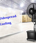 Legit Heavy Duty Industrial Cooling Fan Crushes Summer Heat With A Massive 42 Liter Water Tank Rock Solid Adjustable Stand And 32 Inch Steel Blades High Velocity in a warehouse setting.