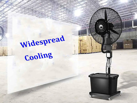 Legit Heavy Duty Industrial Cooling Fan Crushes Summer Heat With A Massive 42 Liter Water Tank Rock Solid Adjustable Stand And 32 Inch Steel Blades High Velocity in a warehouse setting.