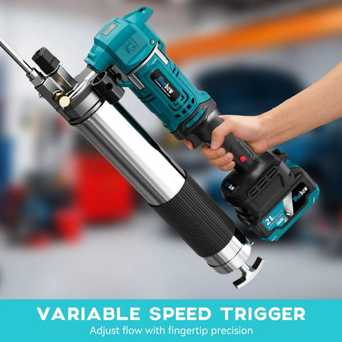 Person holding a 21V Cordless Electric Grease Gun Kit Delivers Up To 12000 PSI For Heavy Duty Trucks And Farm Gear