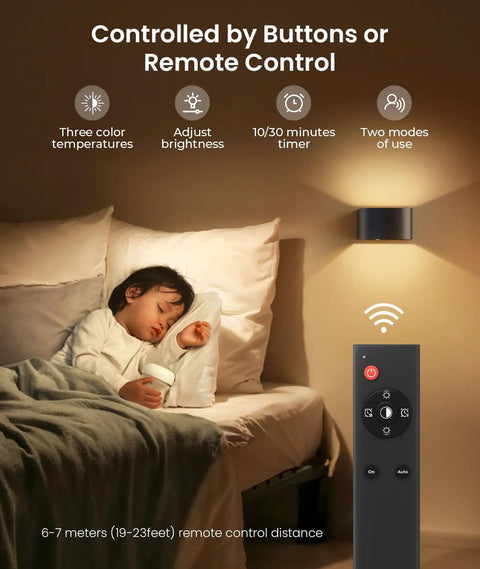 Child sleeping beside Motion Sensor Wall Light With Remote Control No Fuss Three Color Modes Wireless LED Indoor Sconce