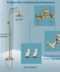 Gold Finish Rain Shower System Set With 8 Inch Rainfall Head And Handheld Spray Wall Mount Dual Function Faucet 6 Inch Mixer Tap Adjustable Sliding Shower Bar 31 To 47 Inches Tarnish Resistant Easy Install diagram with dimensions and components.