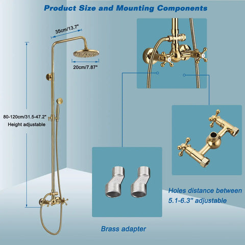 Gold Finish Rain Shower System Set With 8 Inch Rainfall Head And Handheld Spray Wall Mount Dual Function Faucet 6 Inch Mixer Tap Adjustable Sliding Shower Bar 31 To 47 Inches Tarnish Resistant Easy Install diagram with dimensions and components.