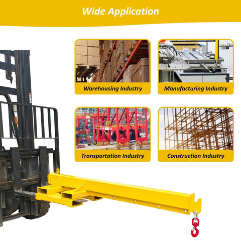 Nail Every Lift Task With This Heavy Duty 5 Ton Forklift Jib Boom Crane showcasing industrial applications in warehousing and construction.