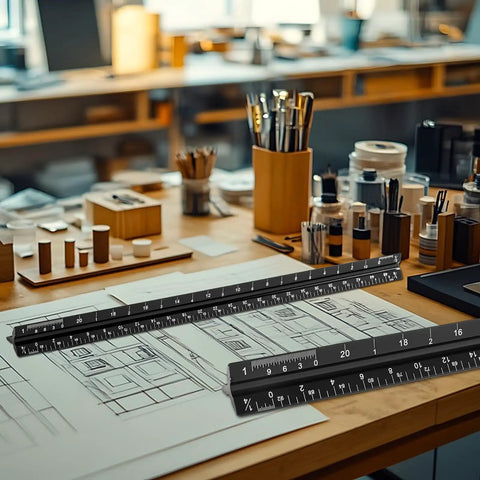 Professional Anodized Aluminum Architectural Scale Ruler With Rock Solid Precision Imperial Measurements 12 Inch on a drafting table.