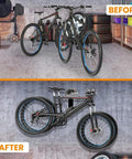 Before and after of Two Bike Wall Mount Rack With Foldable Horizontal Hangers For Garage Storage showing space-saving setup.