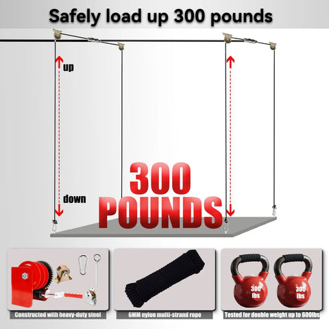 Illustration of Adjustable Overhead Garage Storage Lift With Hand Crank Heavy Duty Ceiling Hoist System 300 Lb Capacity