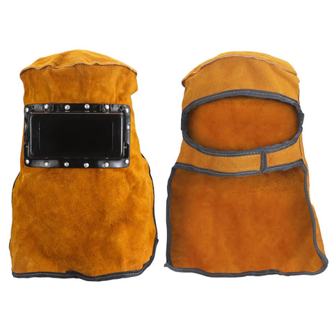 Leather Welding Hood With Flip Open Lens For Easy On Off Protection Cowhide Welding Mask Head Neck Shield, front and back view