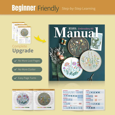 Three Piece Beginner Embroidery Kit For Adults With Floral Designs Including Embroidery Hoop Colorful Threads Tools And Easy Step By Step Instructions Plus Video Tutorial manual showcasing floral patterns.