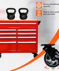 9 Drawer Rolling Tool Chest With Wheels And Wooden Top, 42 Inch Steel Tool Box For Garage, Shop, And Warehouse Red Built Tough Mobile Tool Storage For Heavy Duty Organization And Quick Access; red 9-drawer steel chest with caster wheel detail