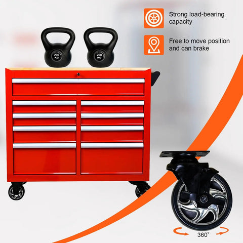 9 Drawer Rolling Tool Chest With Wheels And Wooden Top, 42 Inch Steel Tool Box For Garage, Shop, And Warehouse Red Built Tough Mobile Tool Storage For Heavy Duty Organization And Quick Access; red 9-drawer steel chest with caster wheel detail