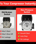 Comparison of old broken switch and new air compressor pressure switch 100/135 PSI with built-in unloader valve for SS3 SS4 SS5.