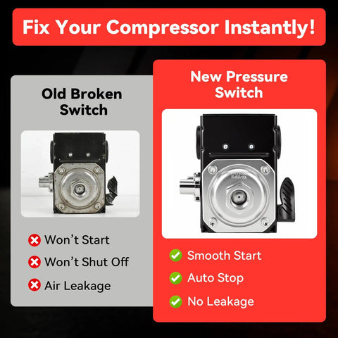 Comparison of old broken switch and new air compressor pressure switch 100/135 PSI with built-in unloader valve for SS3 SS4 SS5.
