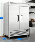 Straight Up Heavy Duty Kitchen Workhorse 54 Inch Commercial Upright Freezer Boasting 49 Cubic Feet Of Reliable Frost Free Storage With Eight Adjustable Shelves, stainless steel finish, 77 inch height.