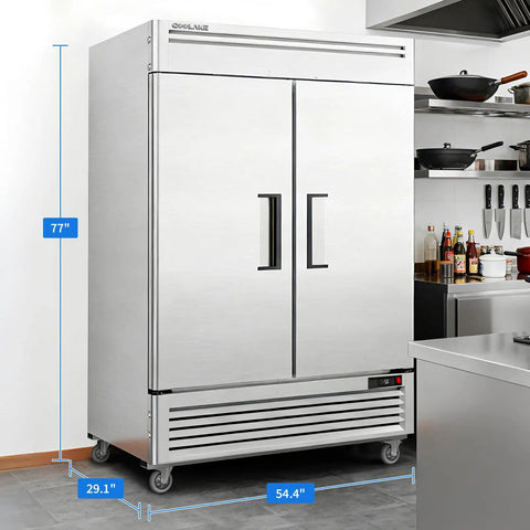 Straight Up Heavy Duty Kitchen Workhorse 54 Inch Commercial Upright Freezer Boasting 49 Cubic Feet Of Reliable Frost Free Storage With Eight Adjustable Shelves, stainless steel finish, 77 inch height.