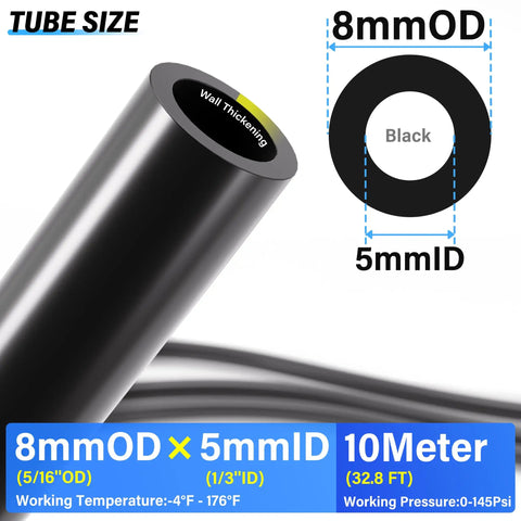 Durable 8mm PU Air Tubing Kit Black 10 Meter Length 32.8ft 5/16 Inch OD Includes 31 Piece Push To Connect Fittings