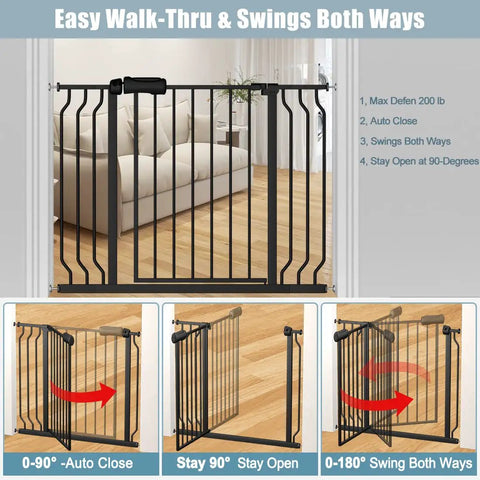 Extra Wide Baby Gate 53 to 57.5 Inches Black Pressure Mounted No Drill Auto Close Gate for Stairs Doorways and Hallways, open swing